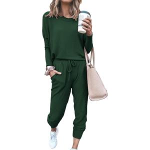 imagePRETTYGARDEN Womens Spring Fall 2 Piece Lounge Outfit Long Sleeve Crewneck Pullover Tops High Waisted Pants Set TracksuitDark Green