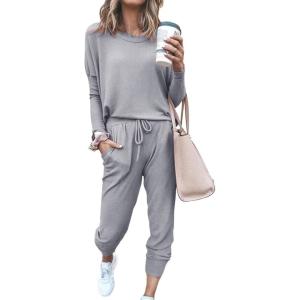 imagePRETTYGARDEN Womens Spring Fall 2 Piece Lounge Outfit Long Sleeve Crewneck Pullover Tops High Waisted Pants Set TracksuitLight Grey