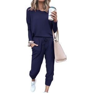imagePRETTYGARDEN Womens Spring Fall 2 Piece Lounge Outfit Long Sleeve Crewneck Pullover Tops High Waisted Pants Set TracksuitNavy