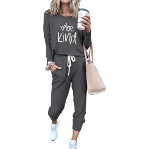 imagePRETTYGARDEN Womens Spring Fall 2 Piece Lounge Outfit Long Sleeve Crewneck Pullover Tops High Waisted Pants Set TracksuitPatterneddark Grey