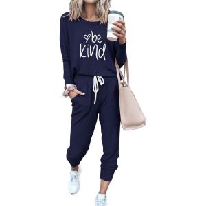 imagePRETTYGARDEN Womens Spring Fall 2 Piece Lounge Outfit Long Sleeve Crewneck Pullover Tops High Waisted Pants Set TracksuitPatternednavy
