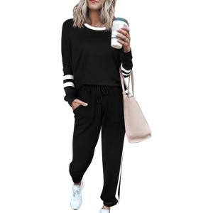 imagePRETTYGARDEN Womens Spring Fall 2 Piece Lounge Outfit Long Sleeve Crewneck Pullover Tops High Waisted Pants Set TracksuitStriped Black