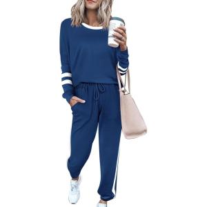 imagePRETTYGARDEN Womens Spring Fall 2 Piece Lounge Outfit Long Sleeve Crewneck Pullover Tops High Waisted Pants Set TracksuitStriped Dark Blue