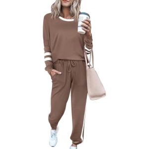 imagePRETTYGARDEN Womens Spring Fall 2 Piece Lounge Outfit Long Sleeve Crewneck Pullover Tops High Waisted Pants Set TracksuitStriped Dark Khaki