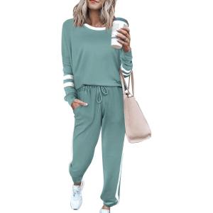 imagePRETTYGARDEN Womens Spring Fall 2 Piece Lounge Outfit Long Sleeve Crewneck Pullover Tops High Waisted Pants Set TracksuitStriped Fruit Green