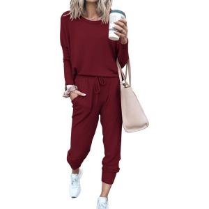 imagePRETTYGARDEN Womens Spring Fall 2 Piece Lounge Outfit Long Sleeve Crewneck Pullover Tops High Waisted Pants Set TracksuitWine Red