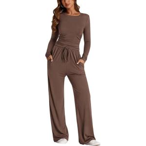 imagePRETTYGARDEN Womens Spring Fall Two Piece Outfits Tracksuits Long Sleeve Crop Tee Shirts Wide Leg Pants Matching Lounge SetsBrown