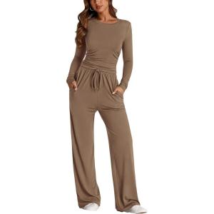 imagePRETTYGARDEN Womens Spring Fall Two Piece Outfits Tracksuits Long Sleeve Crop Tee Shirts Wide Leg Pants Matching Lounge SetsCamel
