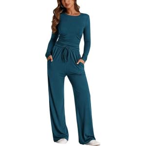 imagePRETTYGARDEN Womens Spring Fall Two Piece Outfits Tracksuits Long Sleeve Crop Tee Shirts Wide Leg Pants Matching Lounge SetsDark Blue