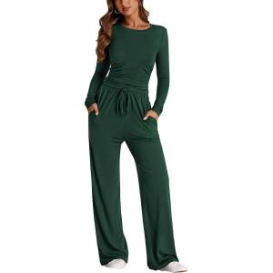 imagePRETTYGARDEN Womens Spring Fall Two Piece Outfits Tracksuits Long Sleeve Crop Tee Shirts Wide Leg Pants Matching Lounge SetsDark Green