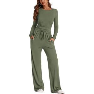 imagePRETTYGARDEN Womens Spring Fall Two Piece Outfits Tracksuits Long Sleeve Crop Tee Shirts Wide Leg Pants Matching Lounge SetsLight Army Green