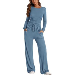 imagePRETTYGARDEN Womens Spring Fall Two Piece Outfits Tracksuits Long Sleeve Crop Tee Shirts Wide Leg Pants Matching Lounge SetsMist Blue