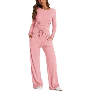 imagePRETTYGARDEN Womens Spring Fall Two Piece Outfits Tracksuits Long Sleeve Crop Tee Shirts Wide Leg Pants Matching Lounge SetsPink