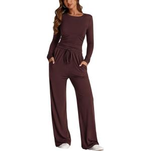 imagePRETTYGARDEN Womens Spring Fall Two Piece Outfits Tracksuits Long Sleeve Crop Tee Shirts Wide Leg Pants Matching Lounge SetsRed Brown