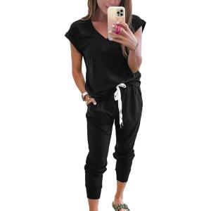 imagePRETTYGARDEN Womens Two Piece Tracksuit Casual Summer V Neck Short Sleeve Tops Drawstring Jogger Pants Lounge Outfit SetsBlack