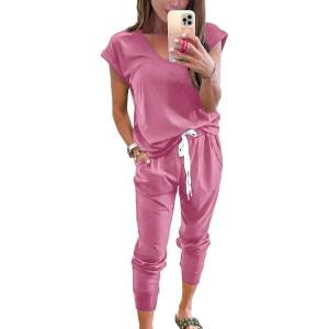 imagePRETTYGARDEN Womens Two Piece Tracksuit Casual Summer V Neck Short Sleeve Tops Drawstring Jogger Pants Lounge Outfit SetsPink