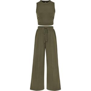 imagePRETTYGARDEN 2 Piece Sets for Women Summer Casual 2025 Spring Sleeveless Tank Ribbed Travel Vacation Lounge Wear OutfitsArmy Green