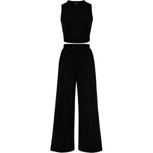 imagePRETTYGARDEN 2 Piece Sets for Women Summer Casual 2025 Spring Sleeveless Tank Ribbed Travel Vacation Lounge Wear OutfitsBlack