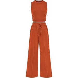 imagePRETTYGARDEN 2 Piece Sets for Women Summer Casual 2025 Spring Sleeveless Tank Ribbed Travel Vacation Lounge Wear OutfitsBrick Red