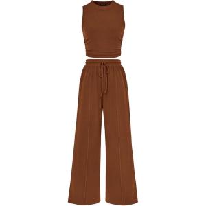 imagePRETTYGARDEN 2 Piece Sets for Women Summer Casual 2025 Spring Sleeveless Tank Ribbed Travel Vacation Lounge Wear OutfitsBrown