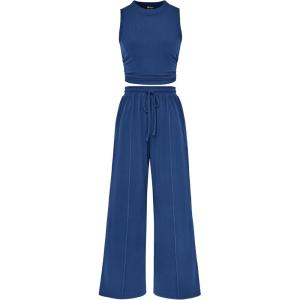 imagePRETTYGARDEN 2 Piece Sets for Women Summer Casual 2025 Spring Sleeveless Tank Ribbed Travel Vacation Lounge Wear OutfitsDark Blue