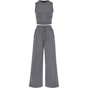 imagePRETTYGARDEN 2 Piece Sets for Women Summer Casual 2025 Spring Sleeveless Tank Ribbed Travel Vacation Lounge Wear OutfitsGrey