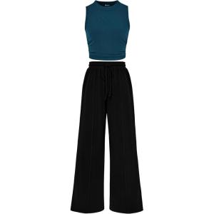 imagePRETTYGARDEN 2 Piece Sets for Women Summer Casual 2025 Spring Sleeveless Tank Ribbed Travel Vacation Lounge Wear OutfitsLake Blue Black