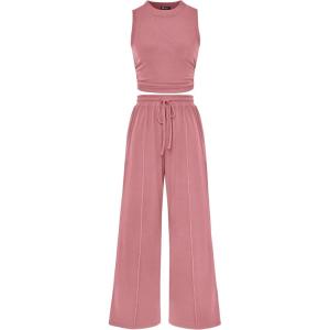 imagePRETTYGARDEN 2 Piece Sets for Women Summer Casual 2025 Spring Sleeveless Tank Ribbed Travel Vacation Lounge Wear OutfitsPink