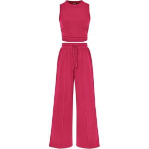 imagePRETTYGARDEN 2 Piece Sets for Women Summer Casual 2025 Spring Sleeveless Tank Ribbed Travel Vacation Lounge Wear OutfitsRose Red