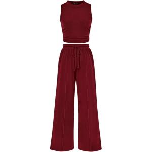 imagePRETTYGARDEN 2 Piece Sets for Women Summer Casual 2025 Spring Sleeveless Tank Ribbed Travel Vacation Lounge Wear OutfitsWine Red