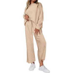 imagePRETTYGARDEN Womens 2 Piece Outfits Casual Long Sleeve Pullover Tops and Wide Leg Pants Knitted Lounge SetsApricot