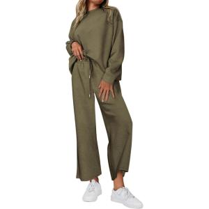 imagePRETTYGARDEN Womens 2 Piece Outfits Casual Long Sleeve Pullover Tops and Wide Leg Pants Knitted Lounge SetsArmy Green