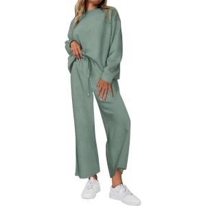 imagePRETTYGARDEN Womens 2 Piece Outfits Casual Long Sleeve Pullover Tops and Wide Leg Pants Knitted Lounge SetsBean Green