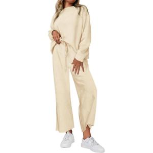 imagePRETTYGARDEN Womens 2 Piece Outfits Casual Long Sleeve Pullover Tops and Wide Leg Pants Knitted Lounge SetsBeige