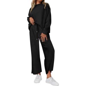 imagePRETTYGARDEN Womens 2 Piece Outfits Casual Long Sleeve Pullover Tops and Wide Leg Pants Knitted Lounge SetsBlack
