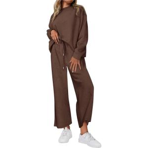 imagePRETTYGARDEN Womens 2 Piece Outfits Casual Long Sleeve Pullover Tops and Wide Leg Pants Knitted Lounge SetsCoffee