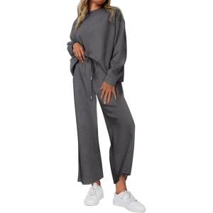 imagePRETTYGARDEN Womens 2 Piece Outfits Casual Long Sleeve Pullover Tops and Wide Leg Pants Knitted Lounge SetsDark Grey