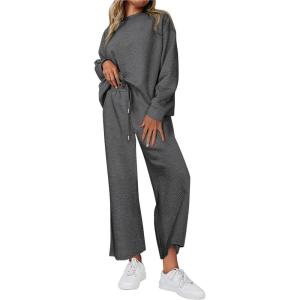 imagePRETTYGARDEN Womens 2 Piece Outfits Casual Long Sleeve Pullover Tops and Wide Leg Pants Knitted Lounge SetsGrey