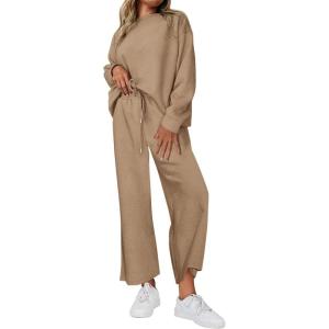 imagePRETTYGARDEN Womens 2 Piece Outfits Casual Long Sleeve Pullover Tops and Wide Leg Pants Knitted Lounge SetsKhaki