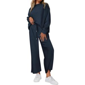 imagePRETTYGARDEN Womens 2 Piece Outfits Casual Long Sleeve Pullover Tops and Wide Leg Pants Knitted Lounge SetsNavy