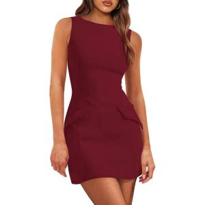 imagePRETTYGARDEN Womens 2025 Formal Sleeveless Summer Dresses Boat Neck Zipper Bodycon A Line Business Work Mini DressWine Red