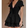 imagePRETTYGARDEN Women Summer Short Dress 2025 Casual V Neck Short Sleeve Tiered Bow Mini Sun Dresses Beach Vacation SundressBlack