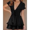 imagePRETTYGARDEN Women Summer Short Dress 2025 Casual V Neck Short Sleeve Tiered Bow Mini Sun Dresses Beach Vacation SundressBlack