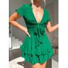 imagePRETTYGARDEN Women Summer Short Dress 2025 Casual V Neck Short Sleeve Tiered Bow Mini Sun Dresses Beach Vacation SundressGreen