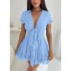 imagePRETTYGARDEN Women Summer Short Dress 2025 Casual V Neck Short Sleeve Tiered Bow Mini Sun Dresses Beach Vacation SundressLight Blue
