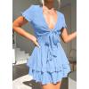 imagePRETTYGARDEN Women Summer Short Dress 2025 Casual V Neck Short Sleeve Tiered Bow Mini Sun Dresses Beach Vacation SundressLight Blue