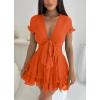 imagePRETTYGARDEN Women Summer Short Dress 2025 Casual V Neck Short Sleeve Tiered Bow Mini Sun Dresses Beach Vacation SundressOrange