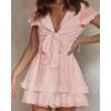 imagePRETTYGARDEN Women Summer Short Dress 2025 Casual V Neck Short Sleeve Tiered Bow Mini Sun Dresses Beach Vacation SundressPink