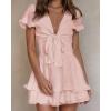 imagePRETTYGARDEN Women Summer Short Dress 2025 Casual V Neck Short Sleeve Tiered Bow Mini Sun Dresses Beach Vacation SundressPink