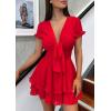 imagePRETTYGARDEN Women Summer Short Dress 2025 Casual V Neck Short Sleeve Tiered Bow Mini Sun Dresses Beach Vacation SundressRed